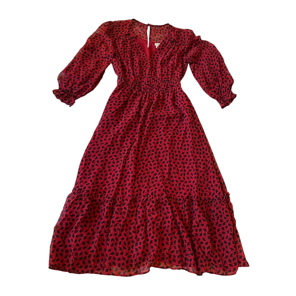 Shoshanna Eden Red Ginkgo Silk Chiffon Midi Dress - Picture 2 of 9